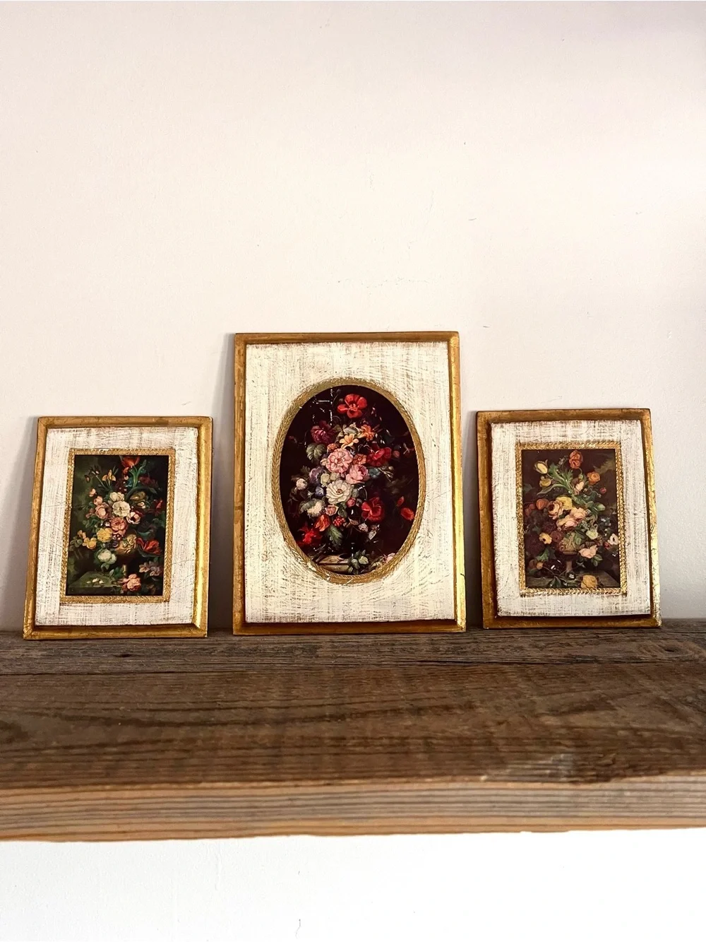 Set of 3 Italian Floral Wall Art Prints in Gold and Cream Frames